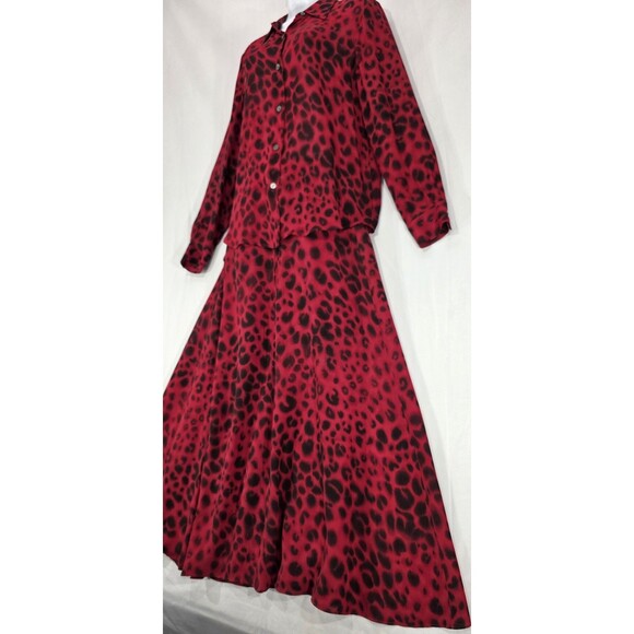 Katherine Kelly Maxi Skirt Set Silk Long Sleeve Blouse Leopard Red Womens 8/10 - Picture 6 of 16